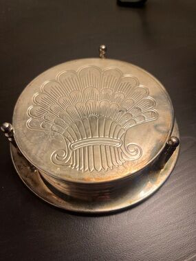 Decorative Silver-Tone Coaster Set with Embossed Sheaf Design